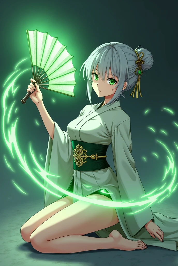 “In a stylish anime scene, the silver-haired character with her hair styled in a sleek bun kneels with one knee raised, crossing her leg gracefully to emphasize her femininity. She wears a tasteful yet alluring kimono that accentuates her elegant figure without being overly revealing. Her green eyes are focused and determined as she holds the glowing light green war fan, radiating an ethereal dream-like energy. The fan, with its intricate design and mystical aura, is poised to unleash a powerful gust of wind. The scene captures her poised elegance and sensuality while highlighting her readiness to use her powers. The background enhances the dramatic effect, emphasizing the energy she’s about to release and her commanding presence.”