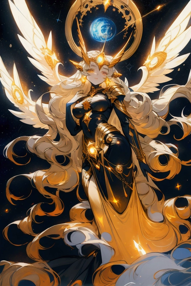 Celestine is a celestial creature whose eyes reflect the starry night sky. Her skin shimmers like the surface of the moon, and her long, flowing silver hair resembles the tail of a comet. As a supreme being, Celestine has the ability to manipulate cosmic elements, control the currents of the universe, and weave the very fabric of spacetime. She is a beacon of hope and light in the darkest corners of existence.She has the most divine body and perfect big breasts, but almost the entire right half of her body is covered with liquid robotic metal on : her right arm, almost the entire right leg, waist and shoulder and the entire right side of her face hiding her deformity. She has one whole eye left, that is, the left, nine pairs of angel wings from which starlight emanates - half of them are white on the left and black on the right.She wears flowing clothes.