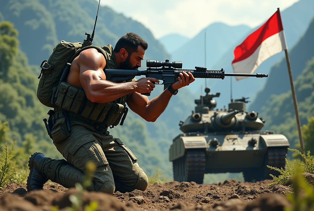 The muscular soldier carries the Indonesian flag and weighs 70 kilograms, standing at 190 centimeters tall. He is holding a sniper rifle, aiming at the camera while crawling. Next to him is a large tank, and in the distance, a vast Indonesian forest and towering mountains are visible.