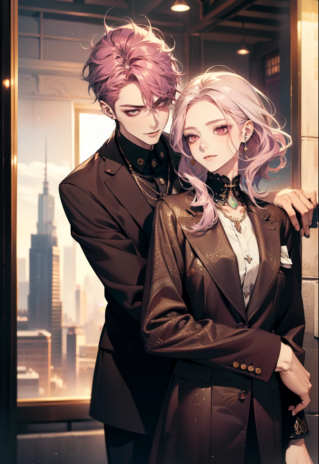 ​masterpiece, top-quality, 2Others, Male and female couples, 1 man and 1,, Adults, Height difference, different fashion, different color, finely eye and detailed face, intricate detailes, Casual clothing, Oversized shirt, Modern urban streets, Hands on back, A smile, Happiness, tenderness, high-level image quality、 beautiful male、tall、hug from behind、Trying to kiss、window、nightfall、nighttime scene、𝓡𝓸𝓶𝓪𝓷𝓽𝓲𝓬、Korean Male, Idol Photos, k pop, Professional Photos, Vampires, Korean fashion in black and white, By Fedman with a necklace, inspired by Sim Sa-jeong, androgynous vampire, :9 detailed face: 8, extra detailed face, detailed punk hair, ((asa)) baggy eyes, Seductive. Highly detailed, semi realistic anime, Vampires, hyperrealistic teen, delicate androgynous prince, imvu, short hair above the ears, Man with short hair, Woman with long hair, A man with a glaring expression and a woman with a gentle expression, With a short-haired man with bright purple hair, Woman with pretty long pink hair