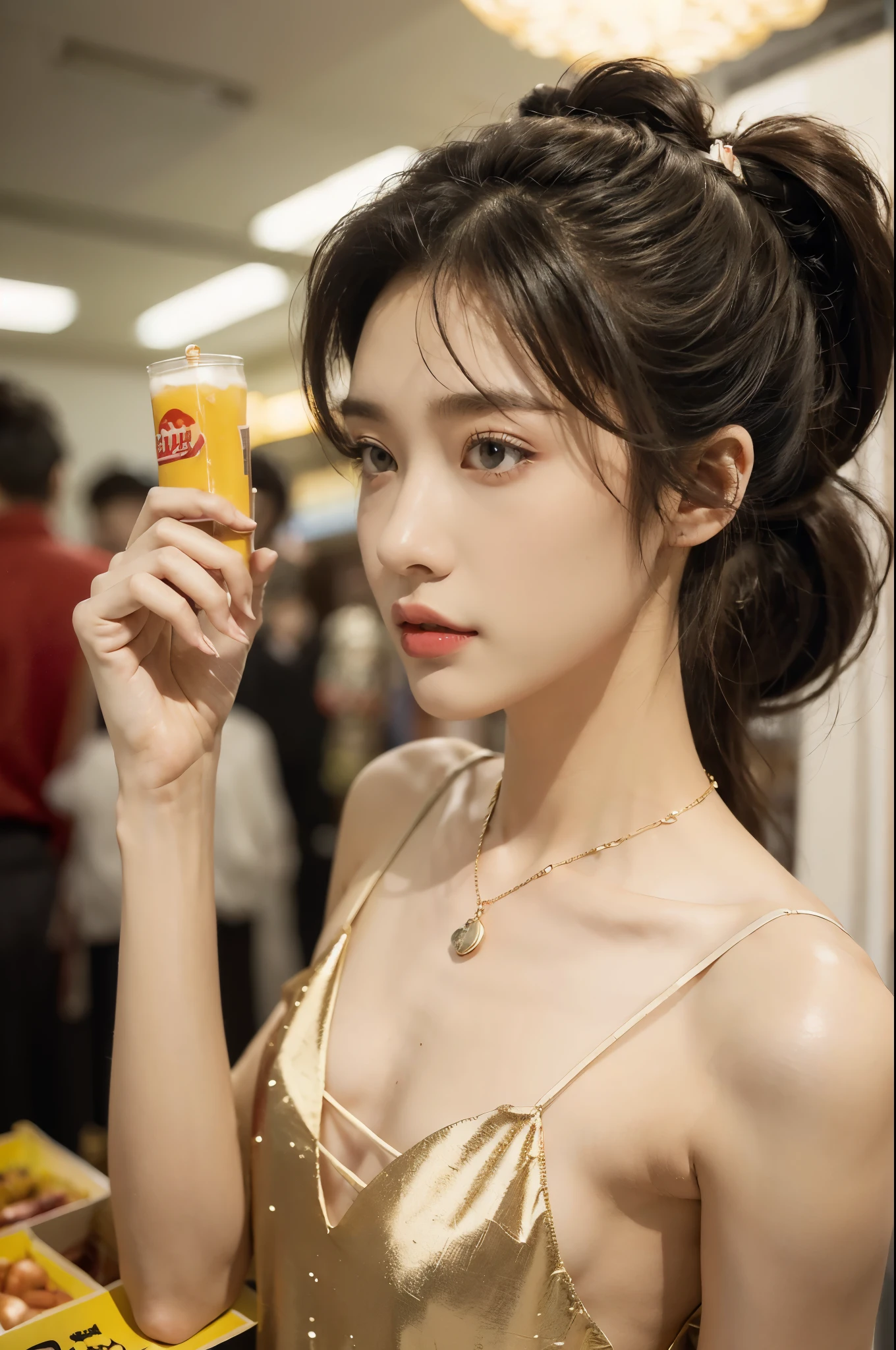 (((best quality))),(((ultra detailed))),(((masterpiece))),illustration,((1 beautiful girl,female cashier,solo)),(short ponytail:1.2),((slim,thin)),((small breasts,flat chest)),(slip dress:1.3),(slender legs:1.2),(standing:1.3),dimly lit,soft glow,shelves,snacks,drinks,necessities,air conditioning,breeze,elegance,grace,vibrant red lipstick,crisp,delicate necklace,sparkling pendant,calmly,warm smile,inviting,poise,unaffected,hustle and bustle,city life,convenience store,haven,weary souls,relentless heat,resilient spirit,(indoor:1.2),(night scene:1.3),((from front,upper body)),(surrounded by crowded crowds:1.3)
