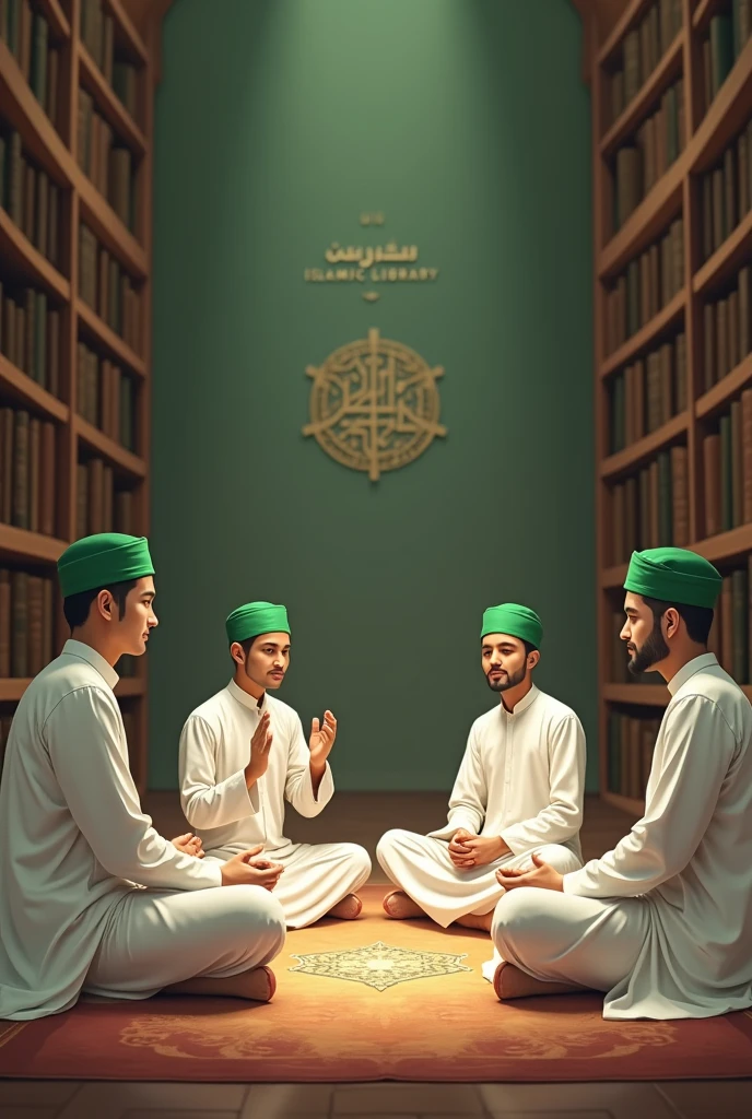  young Islamic scholars with green turban and white clothes doing dhikr in a circle in a library namely rizvi islamic library written on wall
