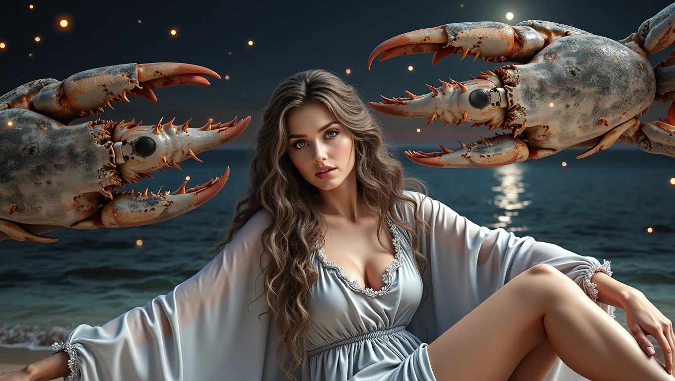 A hyper-realistic image of a woman embodying the Cancer zodiac sign. She has long, wavy hair, a serene and protective expression, and wears a flowing, silver dress reminiscent of ocean waves. Posing back side seating over beach sand , looking to the sea . The background features a calm sea under a full moon, with reflections on the water and subtle crab pincers hinting at the sign. Fantasy touches include twinkling stars and small floating lights, creating a horoscope and Cancer zodiacal , fantasy magic ,mystical atmosphere. The lighting is professionally done in a studio, highlighting her facial features and the moonlit scenery, blending fantasy and realism to capture the emotional and watery essence of Cancer