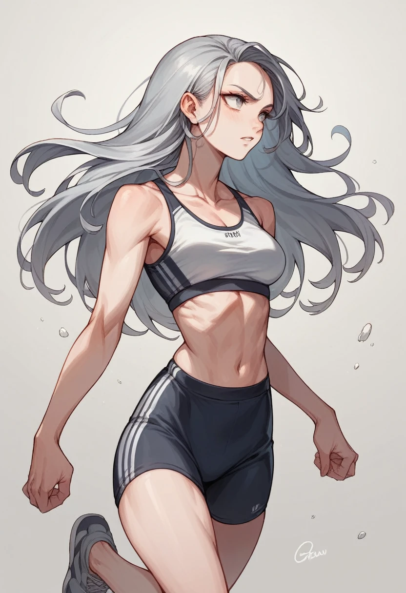  skinny,long hair,silver gray hair,Narrow waist,jogging bra