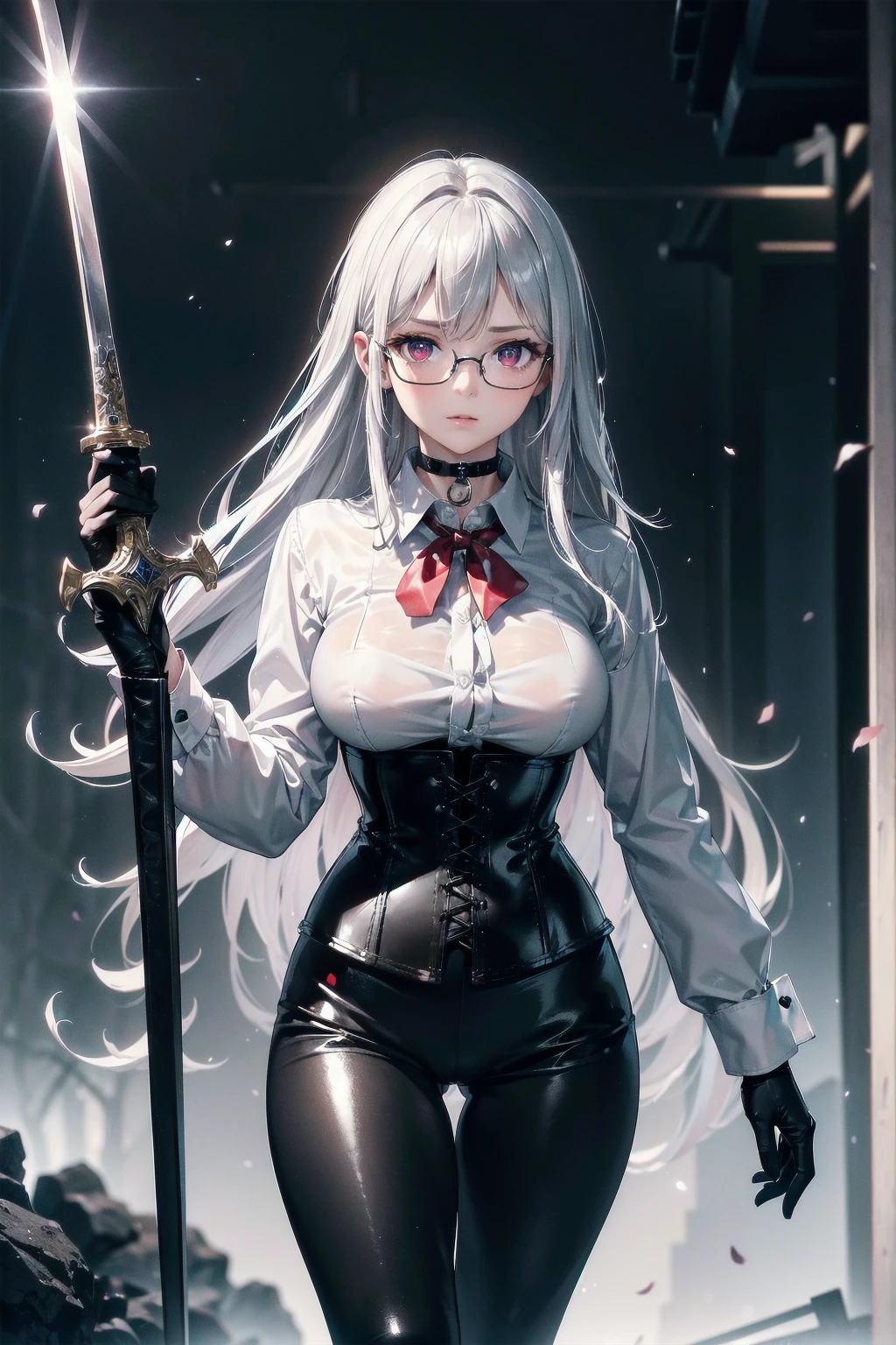 masterpiece, Superior image quality, High resolution, 4k image,Photo and gross, photorealistic, ung girl of 18 years old, standing, view from behind, perfect ass, {Alone},{{{vagina}}}, beautiful face, long silver hair, scarlet red eyes, very detailed eyes, shy expression, glasses choker:1.6, (white collar button down shirt white long sleeve), black gloves, gloves covering the hands, (wielding a sword with the right hand), (black leather corset), (shiny black leggings), (black leather boots), sensual lips , show details in the eyes, Dark forest, at night, atmosphere, fog
