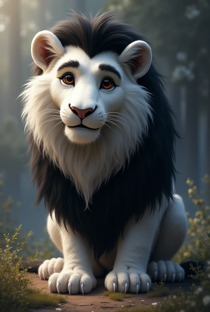 A charismatic and empathetic furry lion with black and white fur