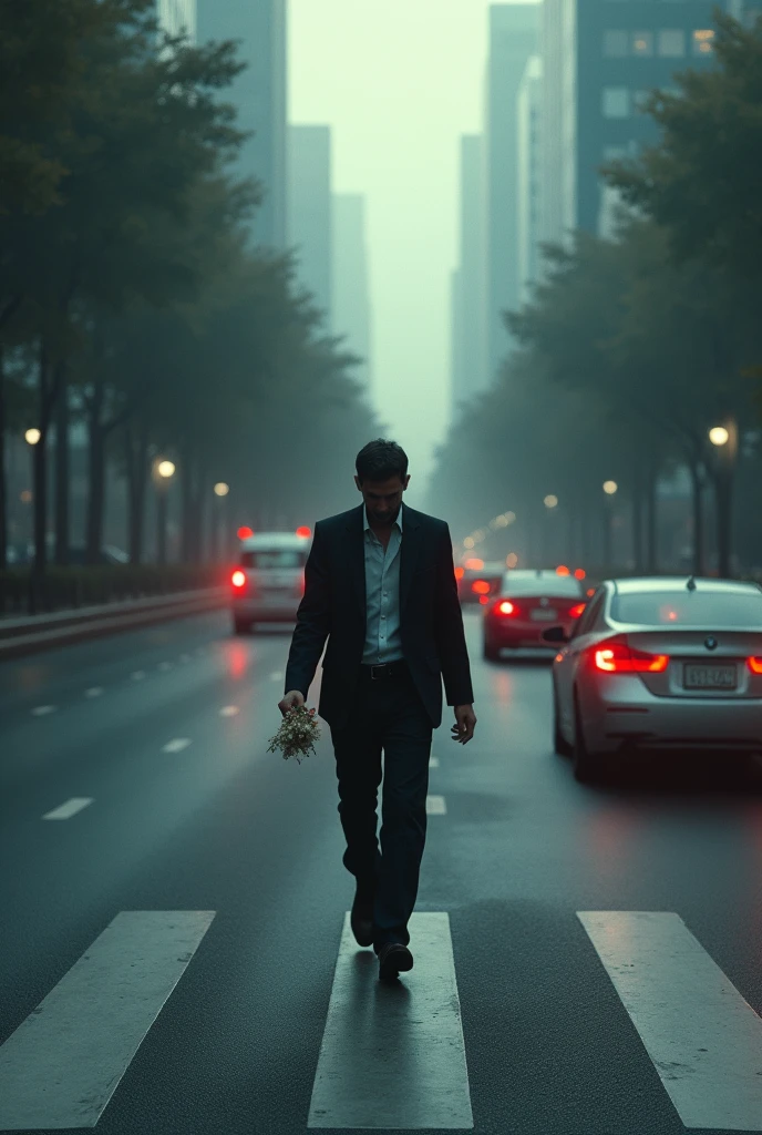 A man is crossing the road, vehicles are moving, sad mood, dark ,one hand flower