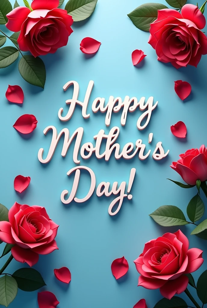 An image with text: "Happy Mother's Day to Mom, Marce and Carol, We love you, Thank you for everything.", without translating into English. Also with a blue background, and many red roses, Also on the edges red rose petals falling.