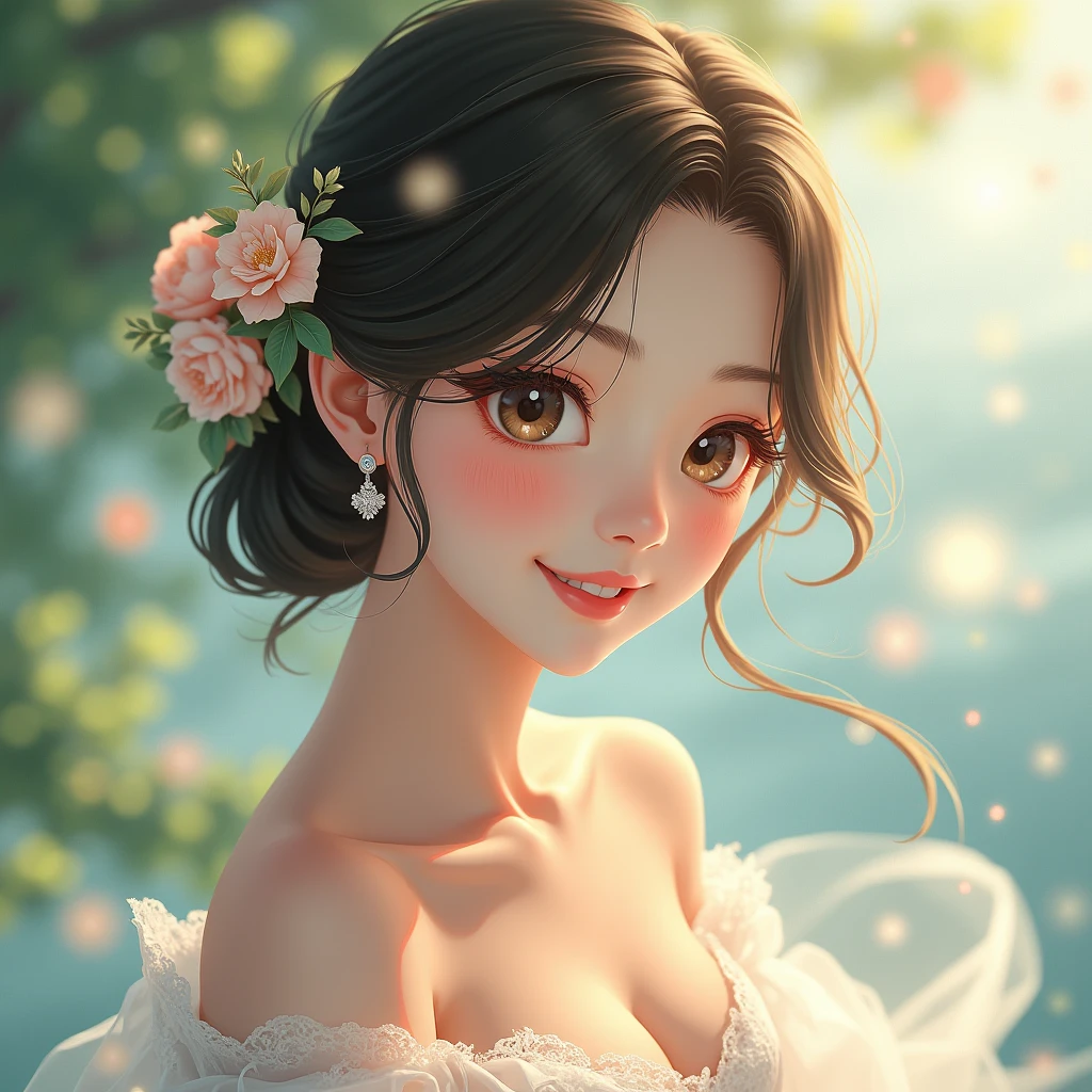 (masterpiece, Highest quality, Highest quality, Official Art, beautifully、aesthetic:1.2), (One person:1.3), Very detailed,Most detailed, (Dynamic pose), (Glowing Skin),(Earrings:1.4),Delicate Shadows、艶めかしい
A girl smiling in a sexy wedding dress, Japanese women。Beautiful breasts。
Textured skin, Flower storm、Front blur, Hair Flower, Lens flare, Sparkle Effect, reflected light, Lakeside。
Fuka Koshiba、Yuki Sakurai、Film Grain, Godley, Bloom, Sparkle Effect, ARRI ALEXA 35,35mm film
Cute、Cool eyes、Glossy lips、Gaze, Twin tails,