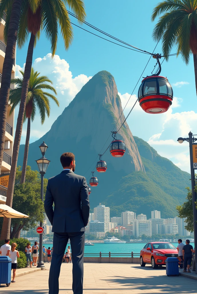 Someone on the Copacabana sidewalk looking at the cable car at Sugarloaf Mountain