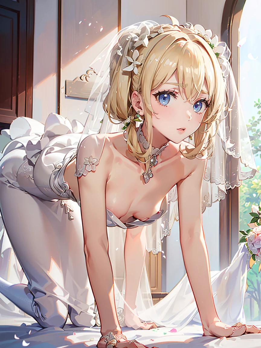 (((High resolution:1.5))), (((Very detailedな:1.5))),BREAK,((7Head to Body:1.3))、(((Beautiful and detailed eyes:1.3))), (((Very detailed))), (((Details face:1.5))), (((head:1.0))),(((clavicle:1.5)))、(((Very delicate body:1.5)))、(((Small chest:1.4)))、(((belly button:0.8)))、(((Waist:1.3)))、(((thigh gap:0.4))),(((Normal limbs)))、 (((No bra、topless、乳head:1.5)))、 (((medium hair,Blonde:1.5)))、(((Double Twin Tail:1.6))),(((Wedding dress:1.4)))、(((white Wedding veil:1.3)))、 (((from front :1.1))), ((Leaning forward、On all fours:1.4)))、