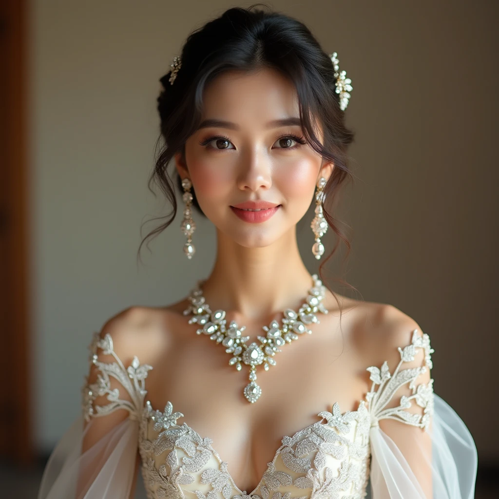 Korea woman in her long wedding dress wear diamond necklace and earring