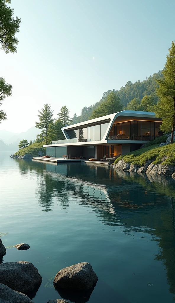 realistic image. photo taken by a canon DSLR 8K, futuristic house on the edge of a lake.