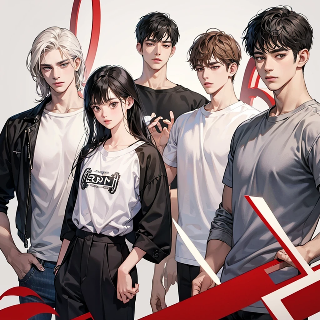 black hair, brown eyes, Sharp features, white skin, perfect, t-shirt, simple background, 4 boys, Stationary face, shut your mouth, handsome, cool, Stand in line, friend