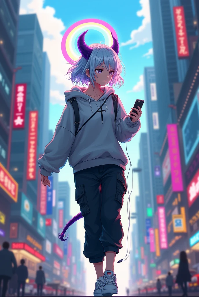 demon girl, rainbow colored halo,white and blue hair ,silver cross necklace,Sunglasses, silver gray sweatshirt, black cargo pants,WHITE TENNIS, earphones, holding her cell phone, Walk backwards through a big city