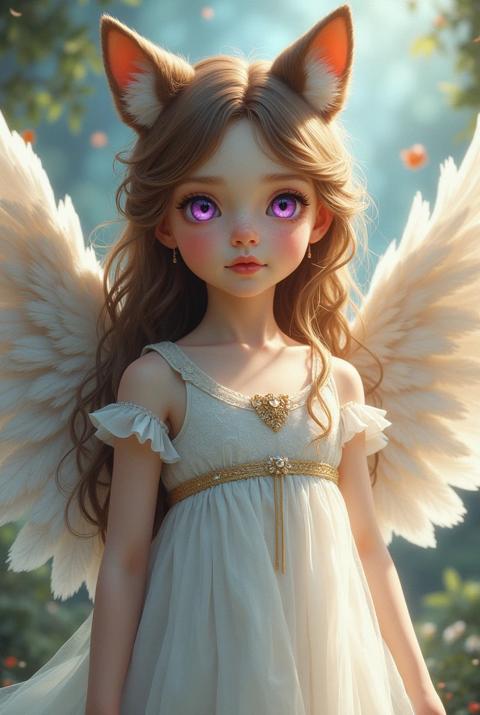 A girl with bear ears,The color of her hair is brown,bright purple eyes,with a beautiful dress and angel wings