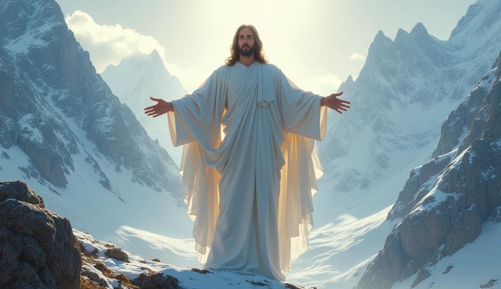 Symbolic representation of Jesus Christ, in the middle of an immense mountain covered by a cloak.