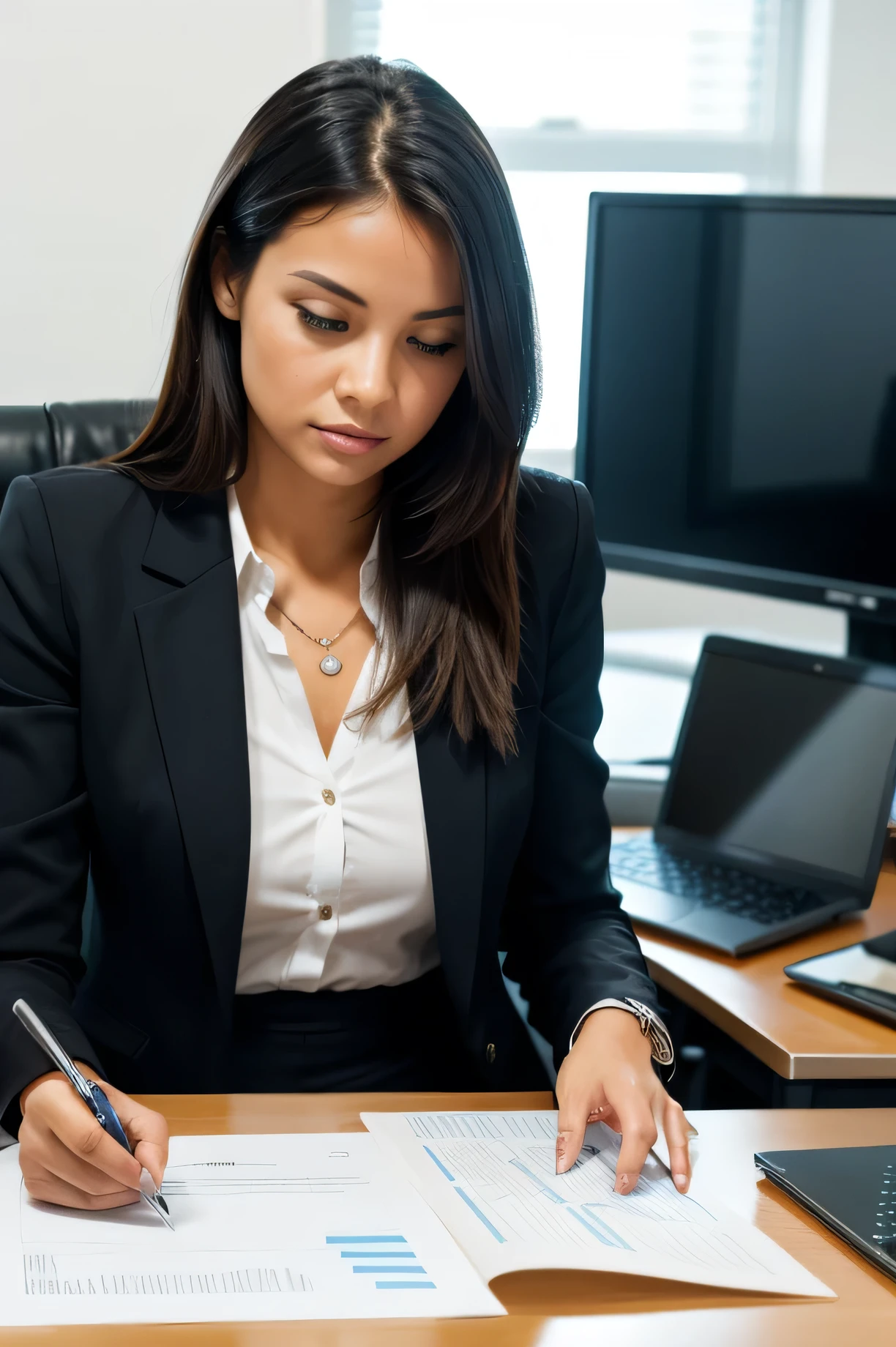 A image of a woman managing and analyzing financial reports. The woman is sitting at a desk in a modern office, with financial documents, charts, and a laptop in front of her. She is dressed in professional attire, focused on the laptop screen, and holding a pen