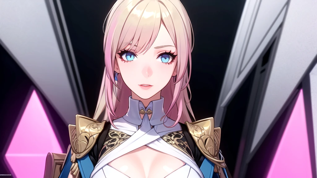 masterpiece, best quality, 1girl, (masterpiece), best quality, expressive eyes, solo, perfect face, long hair, goddess aesthetic outfit, long light blonde hair dyed with tint of pink color and with cute fluffy bangs well styled, hair dyed with pink color, detailed light blue eyes highlight light reflecting in her eyes, looking straight to the viewer, colorful lighting, lips, black shade of makeup on eyelids, fair skin, perfect hourglass body, she has sharp jawline, The artwork should have the best quality, with ultra-detailed and realistic features. The color palette should be vivid, and the lighting should emphasize the character's facial structure and expression. full body, standing,