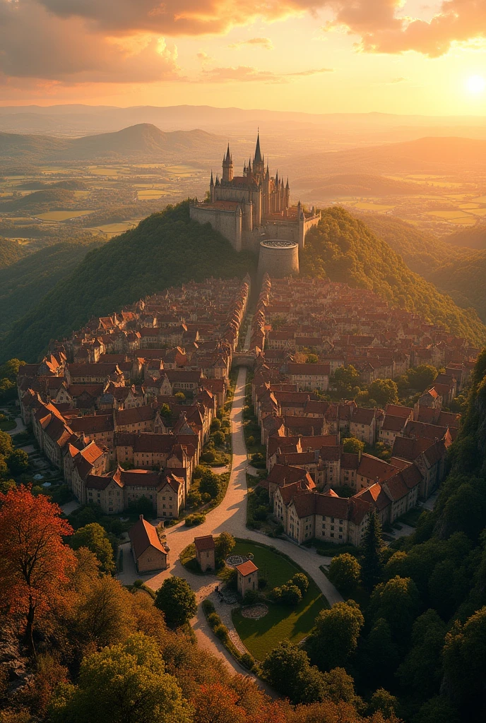 A grand, expansive kingdom inspired by French villages from around 100 years ago, viewed from a distant mountain peak during a golden sunset. The vast kingdom spreads across the horizon, filled with numerous charming houses with red-tiled roofs and stone walls, all nestled among lush greenery. The village includes large market squares, schools, ponds, and lakes that shimmer under the setting sun. From this far-off vantage point, cobblestone streets weave through the sprawling village, connecting vibrant marketplaces, peaceful parks, and residential areas. In the far distance, a majestic palace with towering spires dominates the skyline, surrounded by smaller buildings and vast courtyards. The landscape, rich with rolling hills and valleys, stretches out endlessly, creating a sense of awe and grandeur, all under a sky painted with warm orange and pink hues.