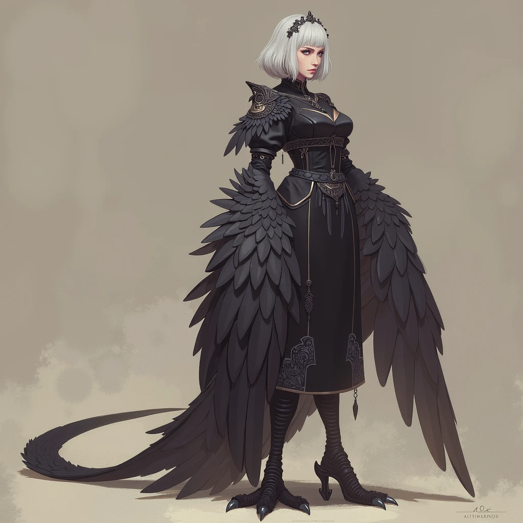 Harpy, bird woman, traditional clothing, Harpy feet, black feathers, black wings, long black tail feathers, white hair, short bob cut, concept art, simple background, ultra high definition,