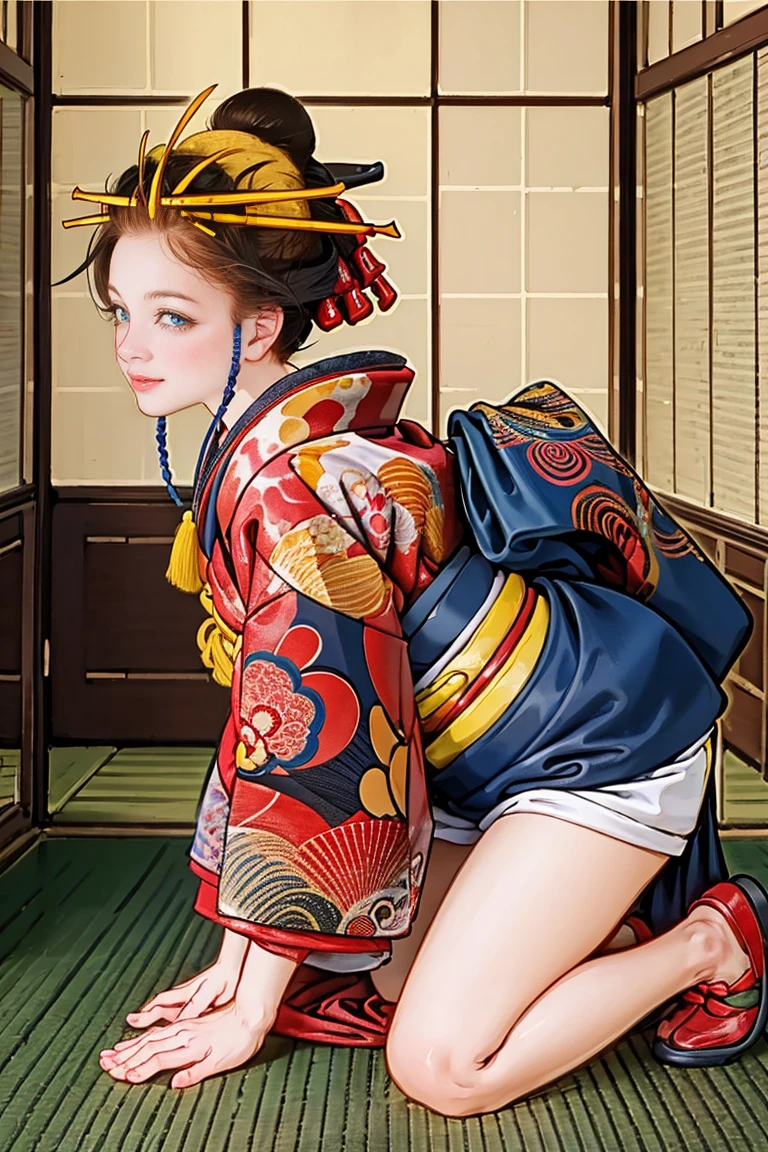 NSFW,
1 girl kneel on the floor, alone, looking at the viewer, smile, blue eyes, blonde hair, hair ornaments, Upper body, kimono, kimono, From the side, lips, compensate, tassel, rope, eye shadow, red kimono, shimenawa, hairpin,