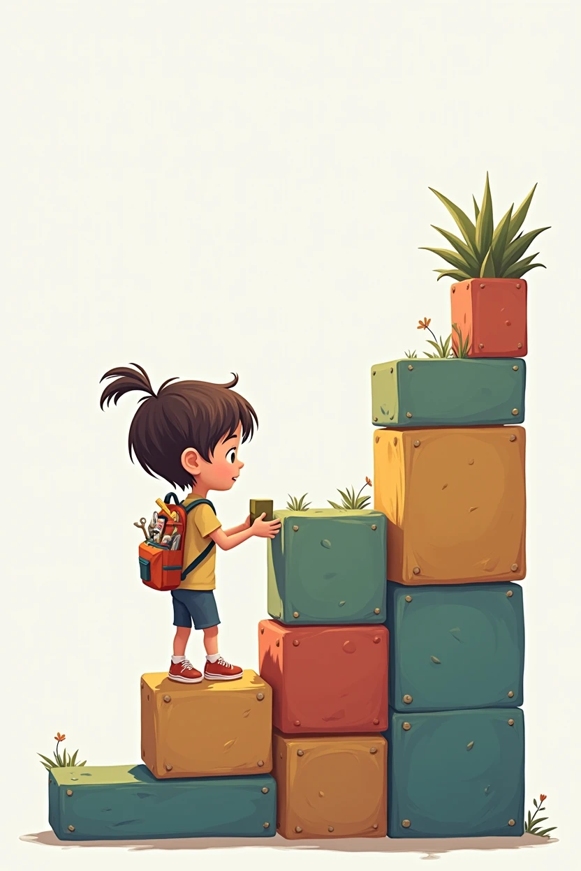 Place one of the child's feet on the next step, make the child hold a cube in their hands which they are looking at, make the child have short hair, convert the cubes into separate steps, make the child have a briefcase on their back with tools, toys, and various children's things 