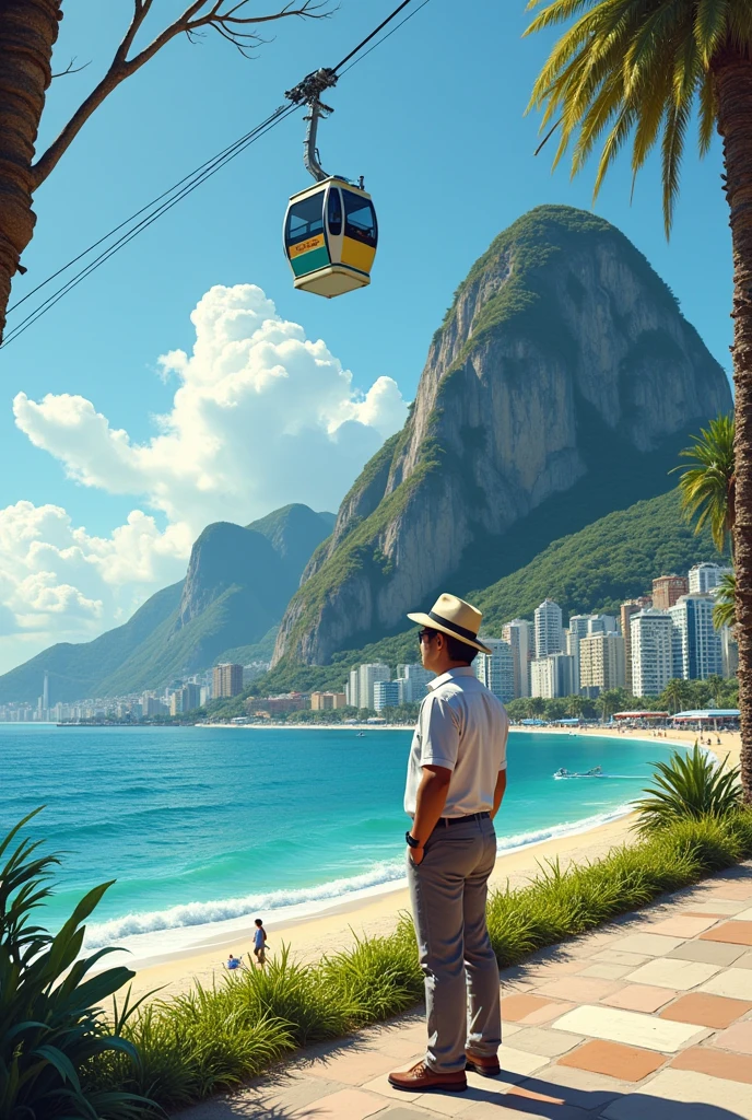 Someone on the Copacabana sidewalk looking at the cable car at Sugarloaf Mountain