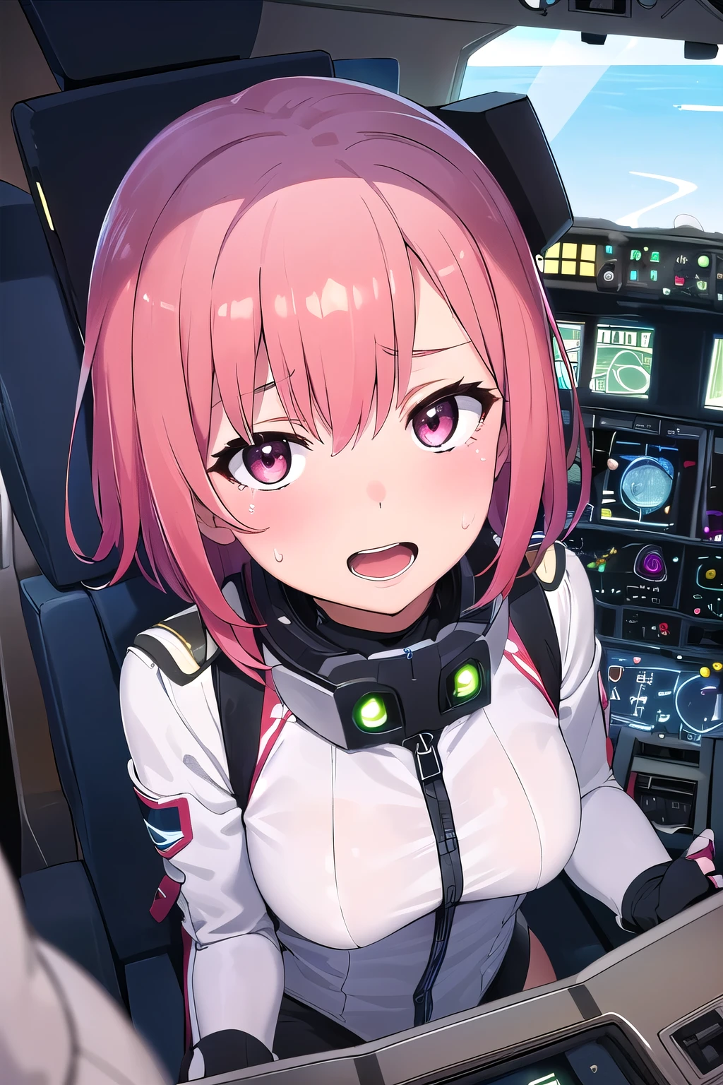 ((Female pilot in the cockpit of a reconnaissance plane), (airplane cockpit), (in flight), (10000 feet altitude)、(sky view):1.7),, short hair, street, emo, white eyes, eyeliner, apocalypse, girl, nside the (cockpit:1.9) of a (futuristic spaceship:1.6), , blush,sitting on a chair, covered navel, space helmet, muvluv, space helm, (glossy tight plug suit:1.3) ,(glossy:1.5), space helmet, eva helm, (glossy space suit:1.3), pink hair, short hair,(glossy blue bodysuit:1.2),ahegao, rolling eyes, SHORT HAIR, (glossy:1.3), (tight:1.3), , BRAKE (sweat:1.5), (steam:1.2), (masturbation:1.2), (girl trembling with sexual climax:1.1), (looking at viewer:1.3), (open mouth:1.2), (aroused smile:1.2),
