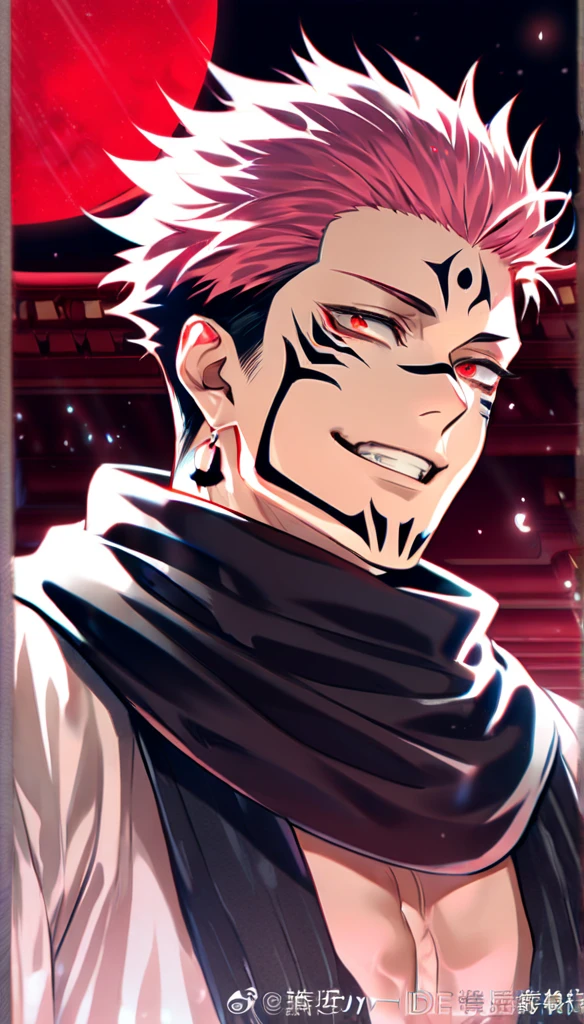 solo, Jujutsu Kaisen, Ryoumen Sukuna, handsome, manly, sexy man, expressive red eyes, pink hair, handsome smile, sadistic, black scarf, white kimono, fantasy, sparkling, red moon, red sparkling lights, demon temple background, UHD, masterpiece, best quality, highres, super detail, anatomically correct, accurate