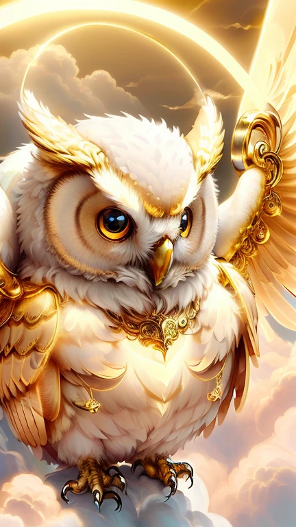 god々Cute owl１animal、Aura of Gold,Looking into the camera、Look at this、Background gold、Floating in the clouds