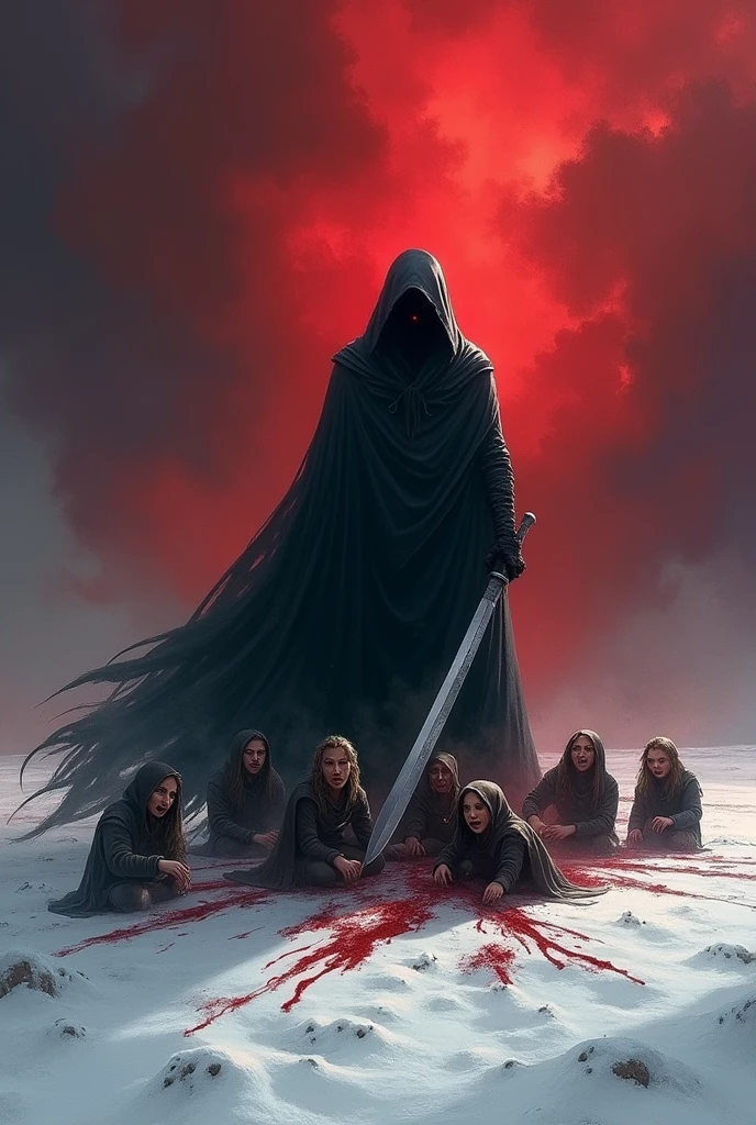 Create a scene where a cloaked villain cleaves several hobbits in half amidst a rain of red clouds in the snow.