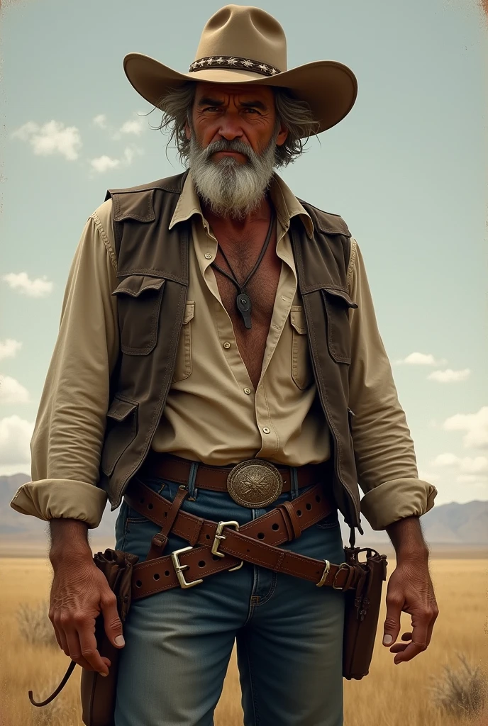 An old cowboy with lots of chest hair