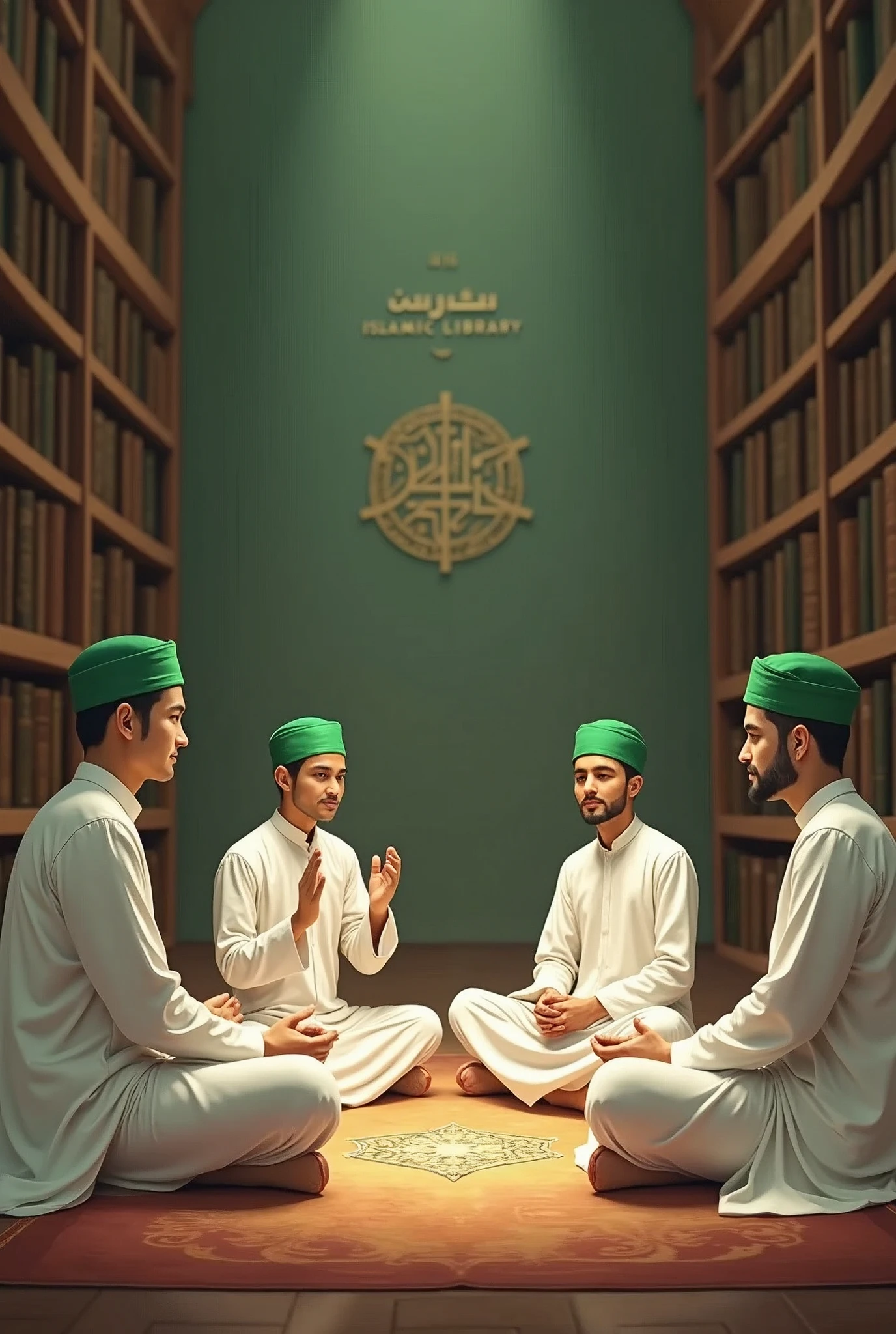 young Islamic scholars with green turban and white clothes doing dhikr in a circle in a library namely rizvi islamic library written on wall