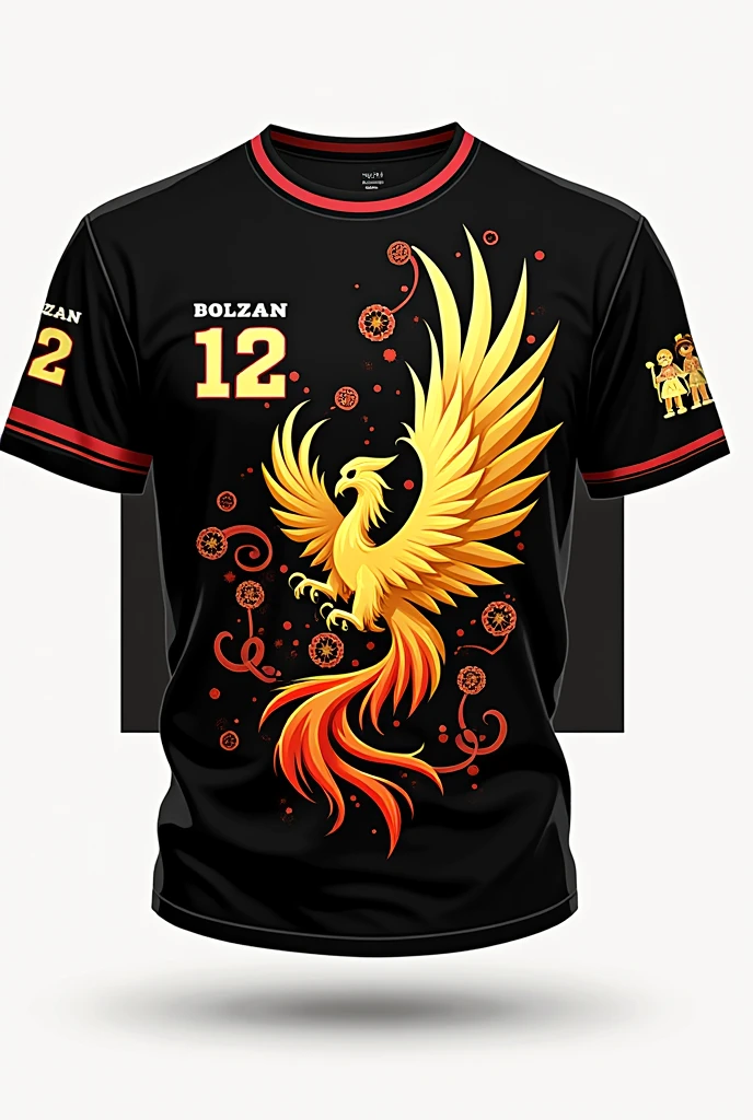 A class shirt that contains the name Bolzan and the number 12, which is black with a phoenix on the front and the number on the back, but the phoenix must be gold with red. 
Show only the shirt without showing bodies and show the shirt from both sides. , the phoenix cannot be so realistic and also leave it with more details also on the front the number 12 appears on the left side of it and on the right the symbol of a school that is 3 little dolls holding hands Show the 2 sides of the shirt next to each other in a photo and leave the team number above the phoenix SHOW THE SHIRT FROM THE FRONT AND SIDE MAKE IT MORE GOLD THAN RED AND MAKE THE NUMBER ON THE BACK BIGGER