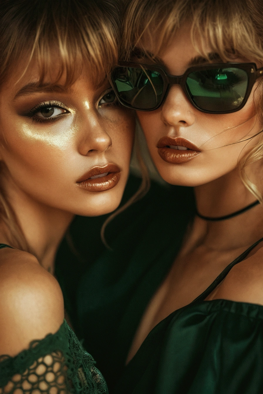 two women with sunglasses on their faces posing for a picture, beautiful gemini twins portrait, inspired by Hedi Xandt, by Hedi Xandt, two models in the frame, wlop glossy skin, close up portrait photo, by Emma Andijewska, closeup portrait shot, close up portrait shot, high - end fashion photoshoot, by Matthias Weischer