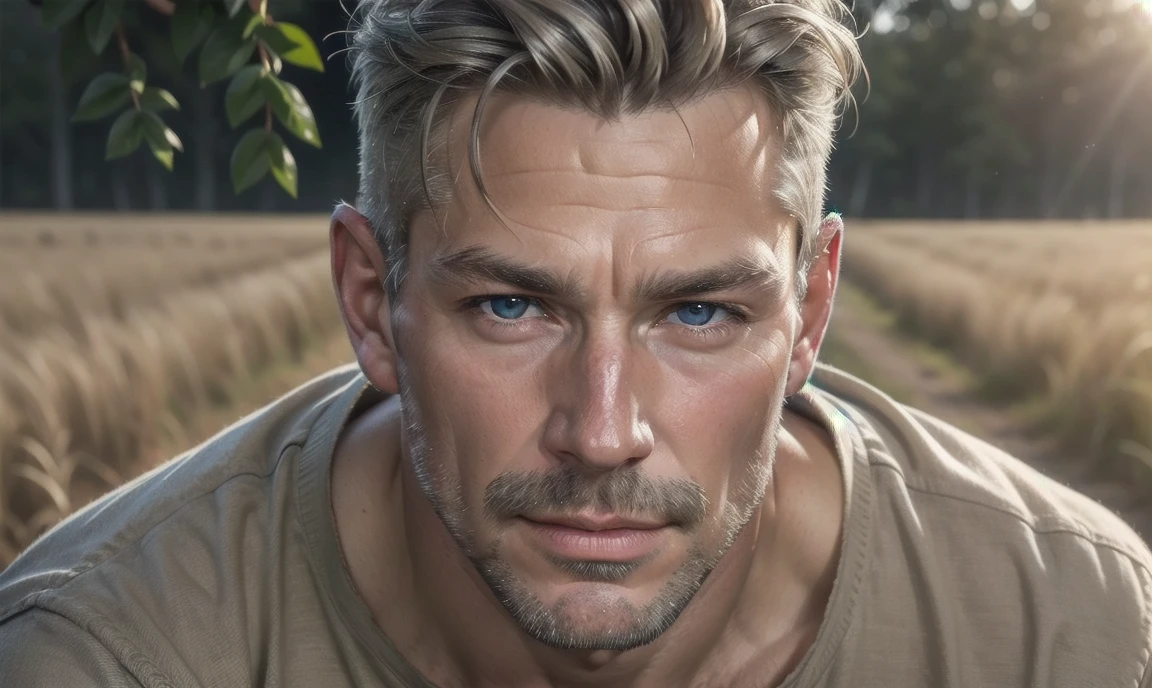 [((highly detailed, detailed eyes, detailed face, clear and realistic facial features, photorealistic, realistic light, cinematic)), ((((1 man)))), Mark is a handsome and alluring slender but muscular male farmer father aged 45 with short blond hair and a neat moustache and blue eyes and weathered skin wearing a flannelette shirt, ((sexy southern gay daddy farmer)), ((greying dark-blond hair)), (((weathered mature face))), (((Mark has a seductive smirking look on his face and a slight blush on his cheeks))), There is a charming yet dry southern farm in the background, ((sexual tension mood))]