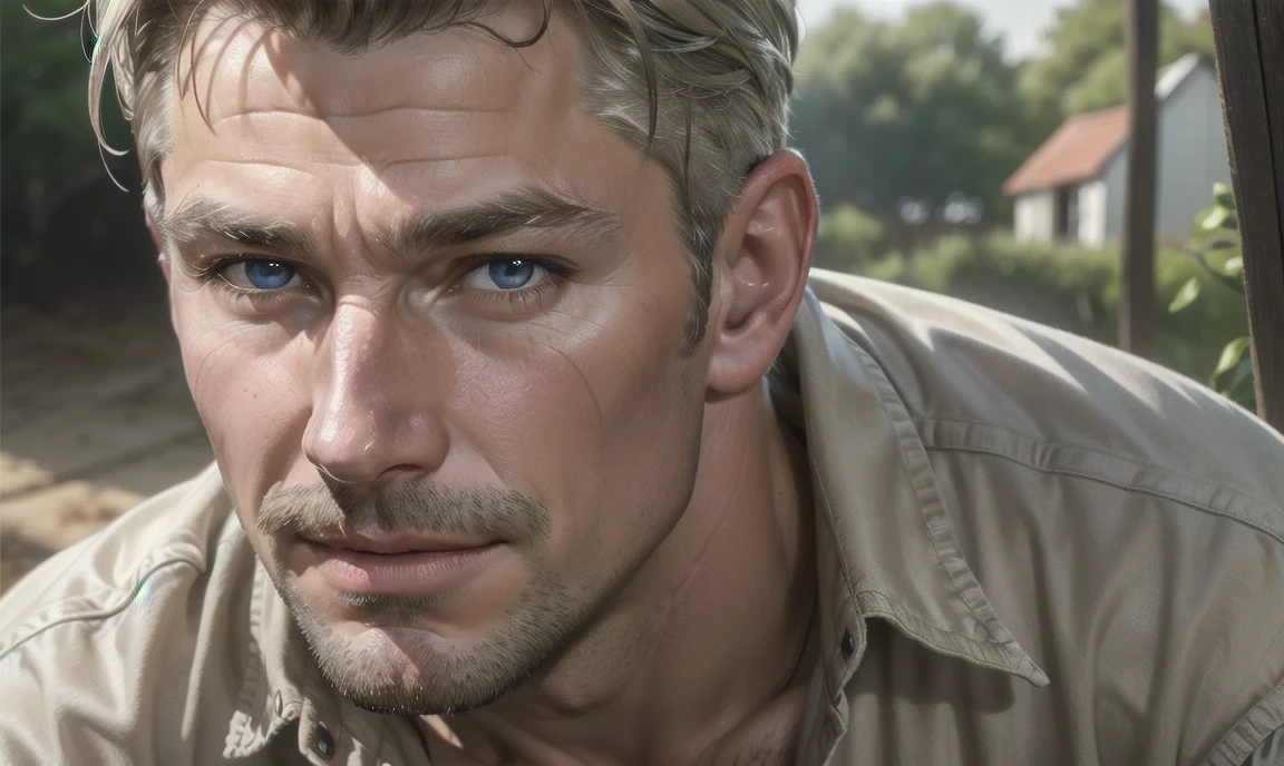 [((highly detailed, detailed eyes, detailed face, clear and realistic facial features, photorealistic, realistic light, cinematic)), ((((1 man)))), Mark is a handsome and alluring slender but muscular male farmer father aged 45 with short blond hair and a neat moustache and blue eyes and weathered skin wearing a flannelette shirt, ((sexy southern gay daddy farmer)), ((greying dark-blond hair)), (((weathered mature face))), (((Mark has a seductive smirking look on his face and a slight blush on his cheeks))), There is a charming yet dry southern farm in the background, ((sexual tension mood))]