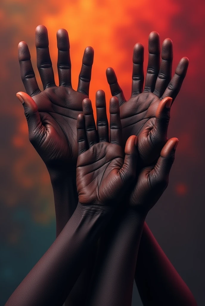 Je veux une image de regroupement de plusieurs mains . Encore plus de mains. Je veux rien que des mains noirs. Encore une autre image. Je veux que les mains soient les une sur les autres et je ne veux pas que l'image soit en blanc noir. Limite ne nombre de mains à cinq.