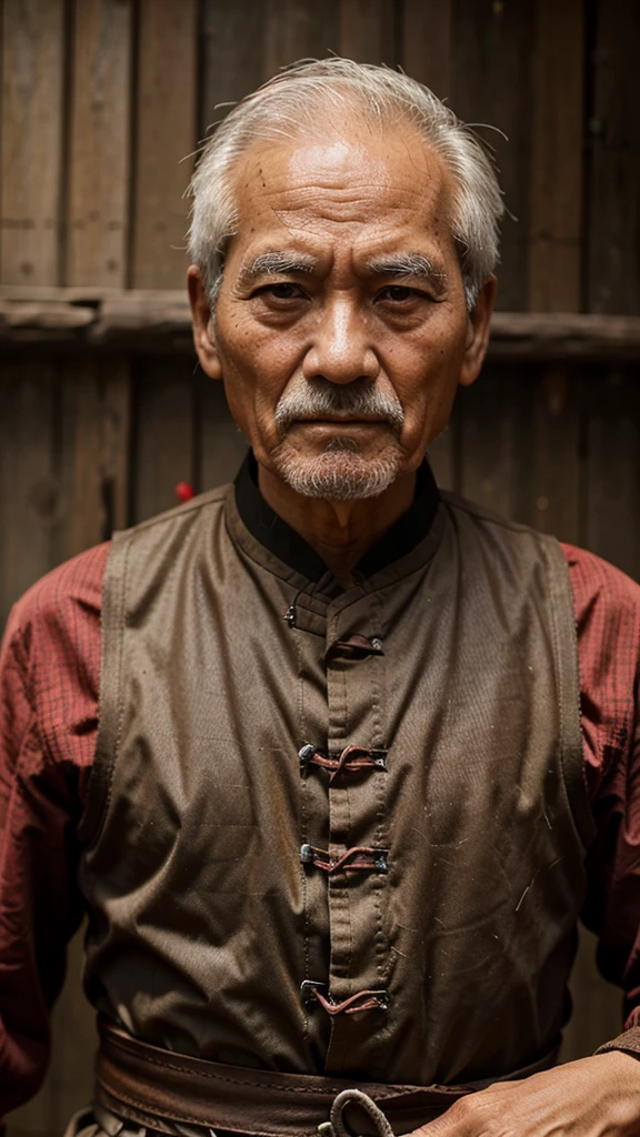 image of an old man in the feudal period of China, wise eyes, sharp. hình ảnh ông già đang ở chính giữa bức ảnh, Nhìn từ xa