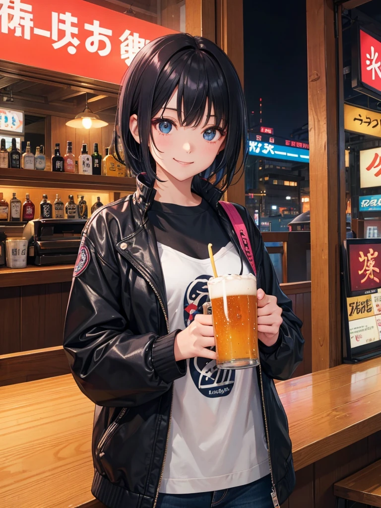 High resolution,Perfect Anatomy,Accurate anatomy,1 person ,Trending Hair,Trending Hair color,Trendy T-shirt
In the futuristic city of Tokyo, Inside a cozy, modern izakaya, Cheerfully holding a frosty mug of draft beer in both hands. she is smiling brightly, Her face shining with happiness. The city's neon lights and the izakaya's vibrant signboards are reflected in the glass windows. The girl has short black hair, Properly styled, and、Sporting a stylish jacket and shimmering accessories、A casual outfit with a touch of futuristic elements. The atmosphere around her is warm, Vibrant, and満ち溢れる喜び.