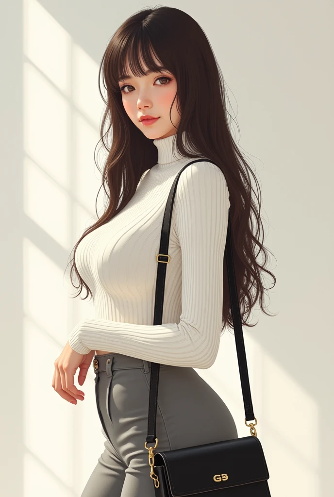 ((greatest masterpiece:1.3, ultimate quality:1.3, ultra-detailed:1.2)), (movie lighting), ((perfectly sensual)), super fine illustration, an extremely delicate and beautiful, 4K, 8K, 16K, UHD, A young woman stands confidently in a brightly lit, modern setting, her back gently leaning against a wall. She is wearing a snug, ribbed white turtleneck sweater that hugs her figure closely, emphasizing her ample chest. The black strap of her crossbody bag creates a distinct and prominent paizuri effect, as it runs diagonally across her chest, accentuating the natural curves of her bust. Her long, straight hair falls gracefully down her back, with soft bangs framing her delicate face. She gazes directly at the viewer with a warm, inviting smile, her hand lightly touching her chin in a thoughtful pose. The background is minimalistic, drawing full attention to her and the subtle details of her outfit. The focus is on the upper half of her body, capturing the elegant yet casual style of the scene, with particular emphasis on the strap's placement and the overall harmonious balance of her appearance.