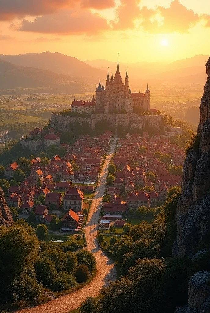 A grand, expansive kingdom inspired by French villages from around 100 years ago, viewed from a distant mountain peak during a golden sunset. The vast kingdom spreads across the horizon, filled with numerous charming houses with red-tiled roofs and stone walls, all nestled among lush greenery. The village includes large market squares, schools, ponds, and lakes that shimmer under the setting sun. From this far-off vantage point, cobblestone streets weave through the sprawling village, connecting vibrant marketplaces, peaceful parks, and residential areas. In the far distance, a majestic palace with towering spires dominates the skyline, surrounded by smaller buildings and vast courtyards. The landscape, rich with rolling hills and valleys, stretches out endlessly, creating a sense of awe and grandeur, all under a sky painted with warm orange and pink hues.