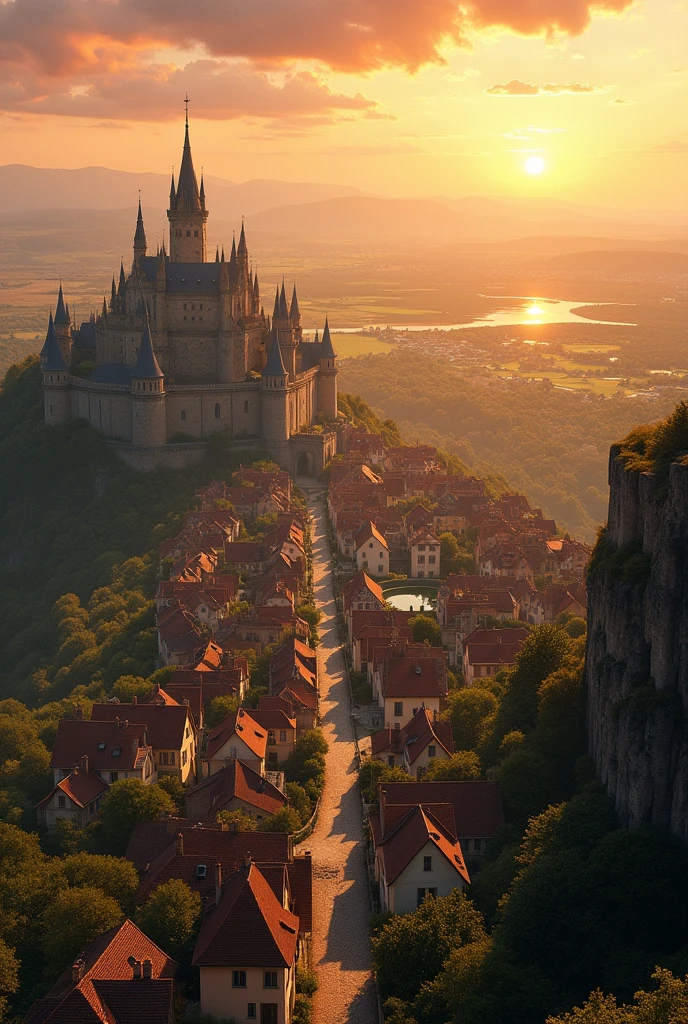 A grand, expansive kingdom inspired by French villages from around 100 years ago, viewed from a distant mountain peak during a golden sunset. The vast kingdom spreads across the horizon, filled with numerous charming houses with red-tiled roofs and stone walls, all nestled among lush greenery. The village includes large market squares, schools, ponds, and lakes that shimmer under the setting sun. From this far-off vantage point, cobblestone streets weave through the sprawling village, connecting vibrant marketplaces, peaceful parks, and residential areas. In the far distance, a majestic palace with towering spires dominates the skyline, surrounded by smaller buildings and vast courtyards. The landscape, rich with rolling hills and valleys, stretches out endlessly, creating a sense of awe and grandeur, all under a sky painted with warm orange and pink hues.