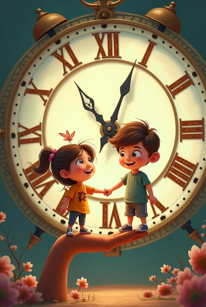 An image of cartoon boy and girl standing on two hands of a clock that saying god's timing 