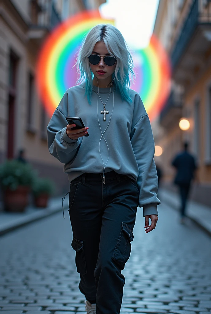  demon girl, rainbow colored halo,white and blue hair ,silver cross necklace,Sunglasses, silver gray sweatshirt, black cargo pants,WHITE TENNIS, earphones, holding her cell phone, Walk backwards down a street in the Czech Republic 