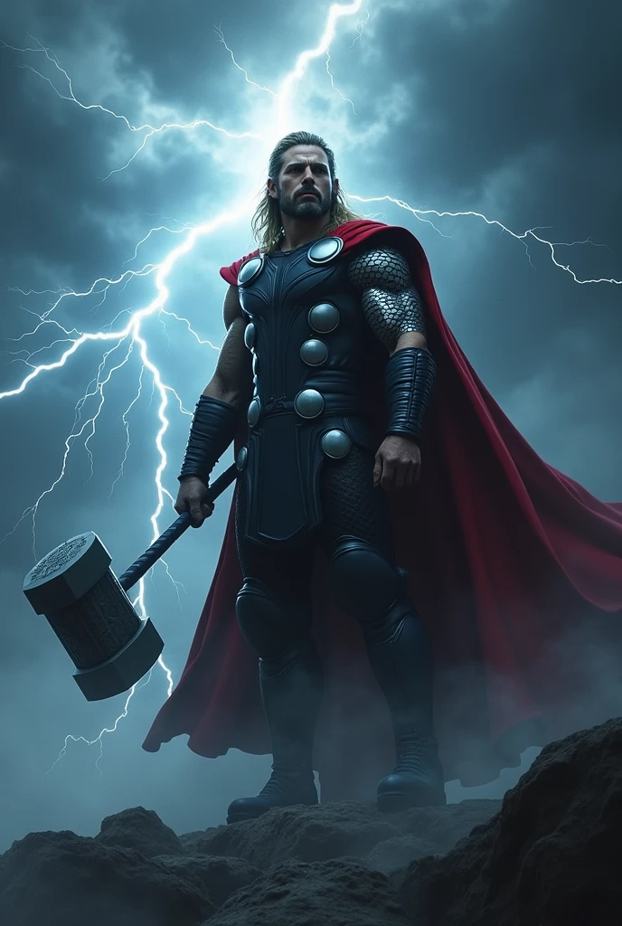 Create a dramatic image of Thor, the Norse god of thunder. He should be holding his powerful hammer, Mjölnir, as lightning crackles around him. The sky should be dark and stormy, with swirling clouds highlighting Thor's godly power. Thor should have a heroic stance, with his cape flowing in the wind. The atmosphere should be intense and mythical.