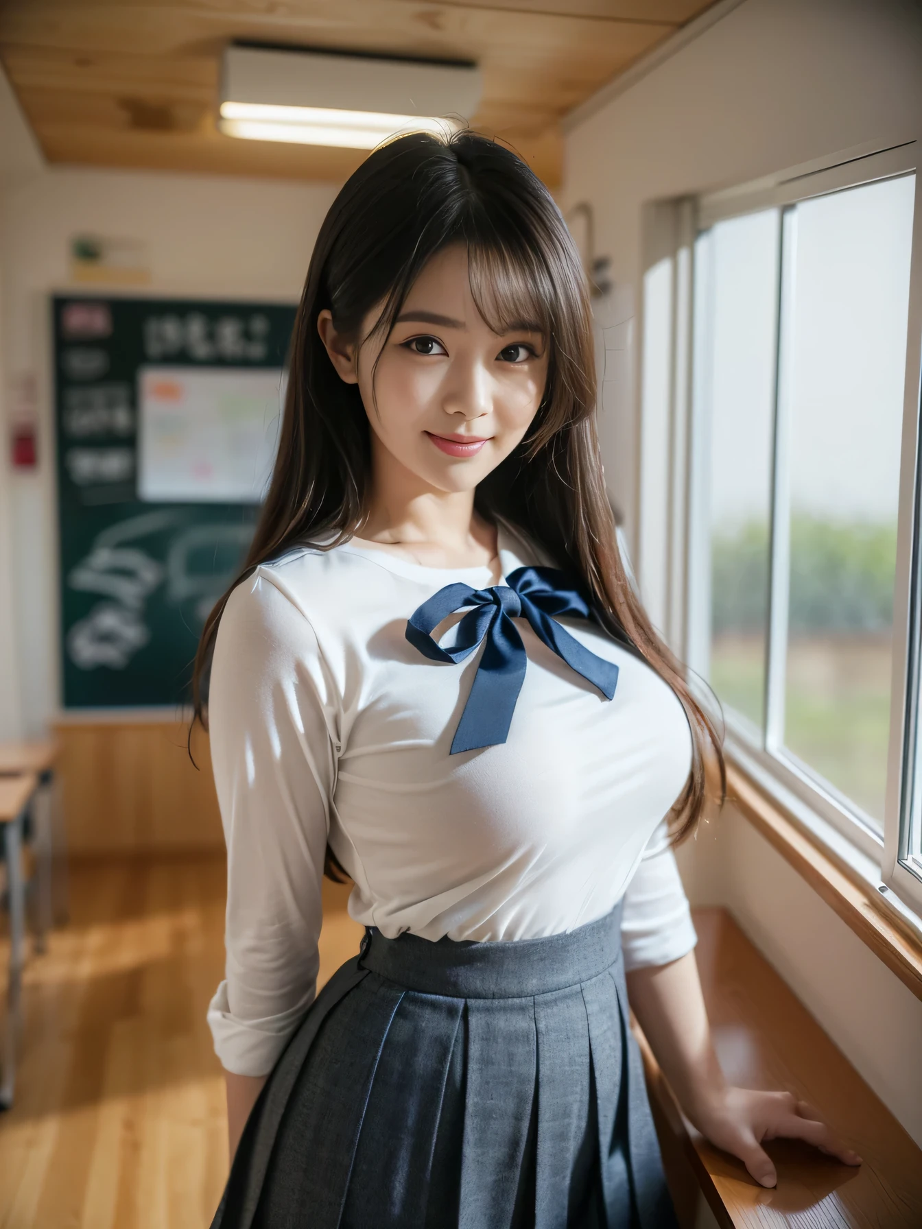 ((Beautiful girl in Japan:1.3)) ((School Uniforms:1.4)) ((pantyshot:1.5)) ((highschool)),((Dark blue skirt:1.3)) ((in class room:1.3)) ((Thin_fabric:1.4)) ((Random sexy poses:1.3)) ((full of sweat:1.5))((with a flushed face:1.4)) ((Big breasts:1.4)) ((close-up:1.2)) Best Quality,masutepiece,超A high resolution,(Photorealistic:1.4),Raw photo,(Authentic skin texture:1.3),(Film grain:1.3),the panorama,Character Portrait,Very Wide Shot,Narrow waist,Cowboy Shot,(In the Dark, deepshadow, lowkey, cold light,) Night,(()),Streaming Tears,,Dust,Tindall Effect,(expression),1girl in,beautiful detailed eyes and face,White Jabot,Brown eyes,((Brown hair:1.2)) ((Full body:1.3)) ((Smile:1.3))