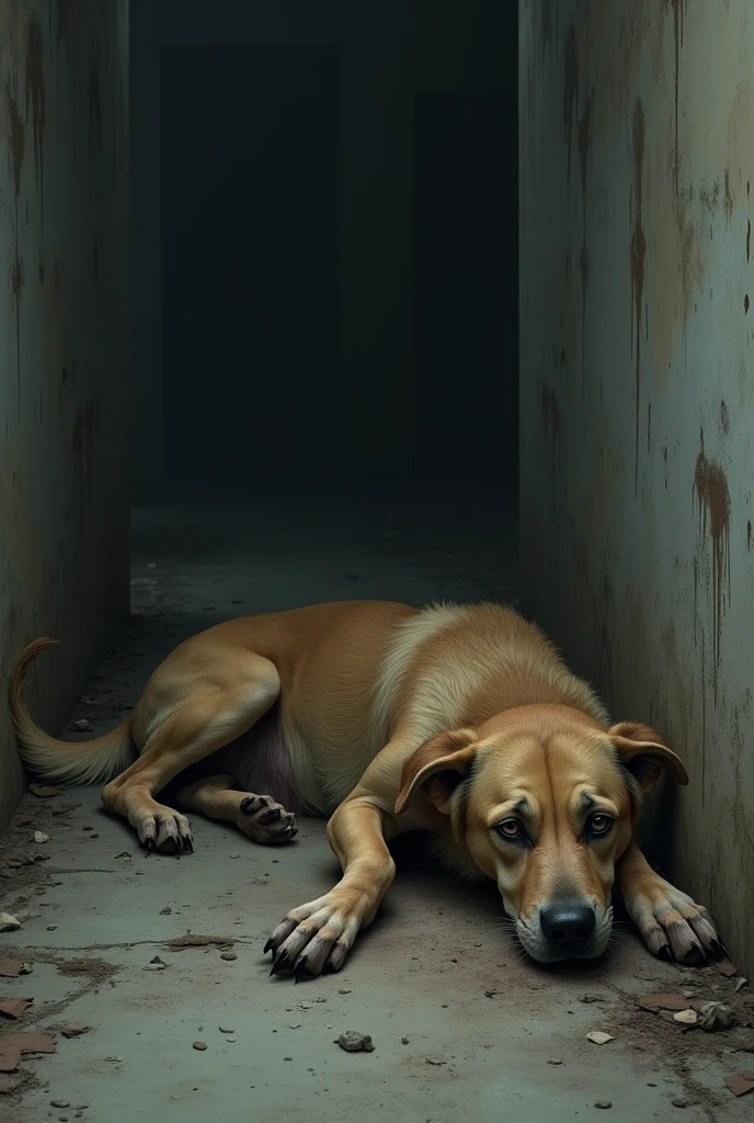The hairless dog, with wounds and blood stains, who took 2 shots in the back, I liked to lie in a hole, where it was covered in dust and dry and green leaves, with mosquitoes and flies flying around