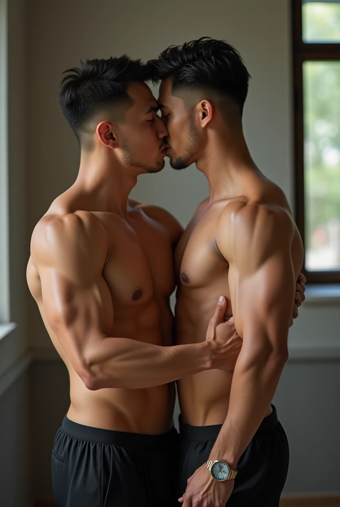2 Vietnamese men, 25 years old, 2 Asian people , bare, big penis, hug and kiss, Handsome and elegant, just, sexy , Masculine and handsome,hugs and kisses, have muscles,Muscles look good.,hairy, Have fair skin..,no beard, full body photo,(very detailed, realistic, best quality, 4K, 8ก, height, Masterpiece:1.3), mature man, Charming and outstanding , (The body builds muscle), อวัยวะsexชายใหญ่, sweat, dirty face ,tight chest, sex,See-through shirt, Erotic, Horny, Look straight.., Accessories include a luxury watch., in the classroom,Look at the viewer.,muscle veins,no underwear